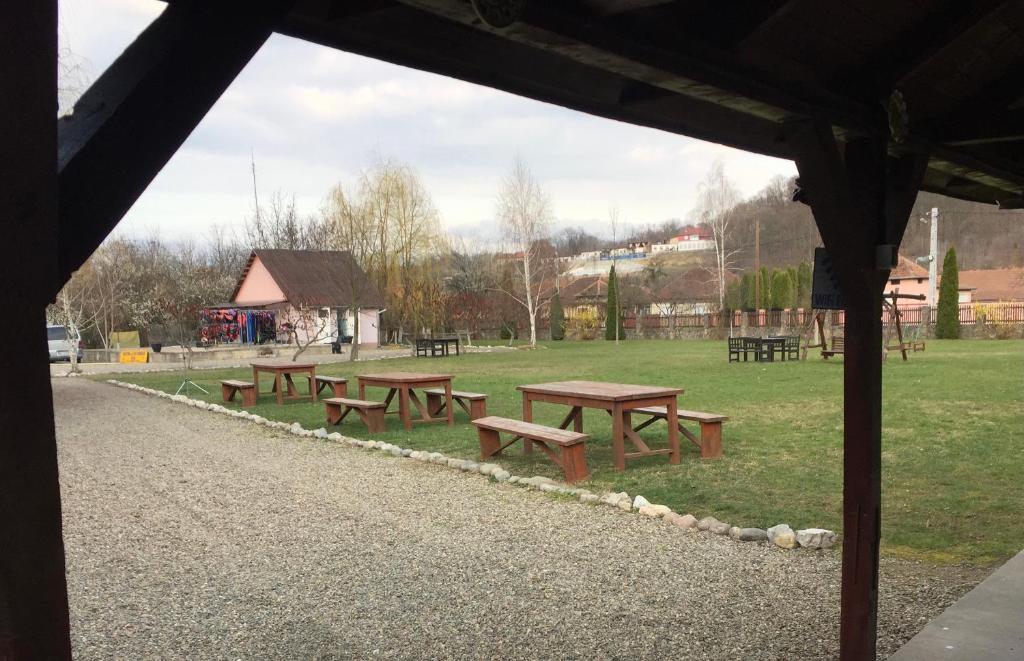 a group of picnic tables in a park at Rafting & Via Ferrata Base Camp in Vadu Crişului