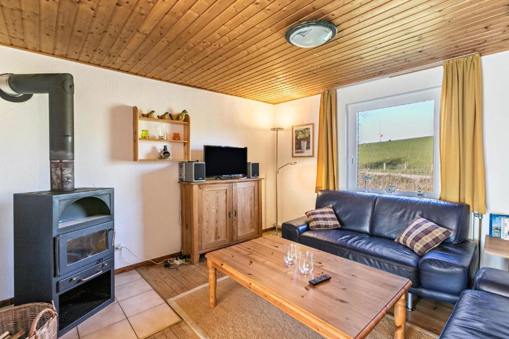 a living room with a leather couch and a wood stove at Deichgraf 1 in Friedrichskoog