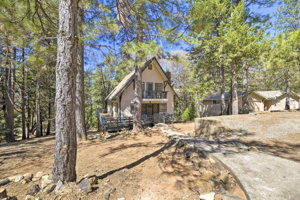 a house in the woods with a tree at Balcony and Forest Views Cabin in Pioneer! in Pioneer