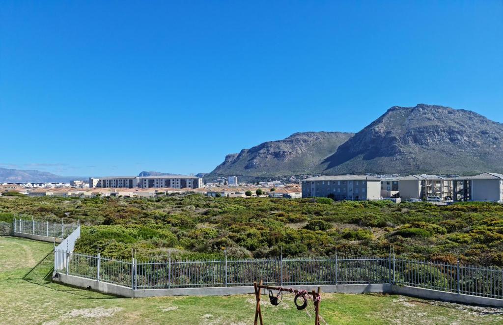 a view of a field with mountains in the background at Cozy corner apartment Muizenberg in Cape Town