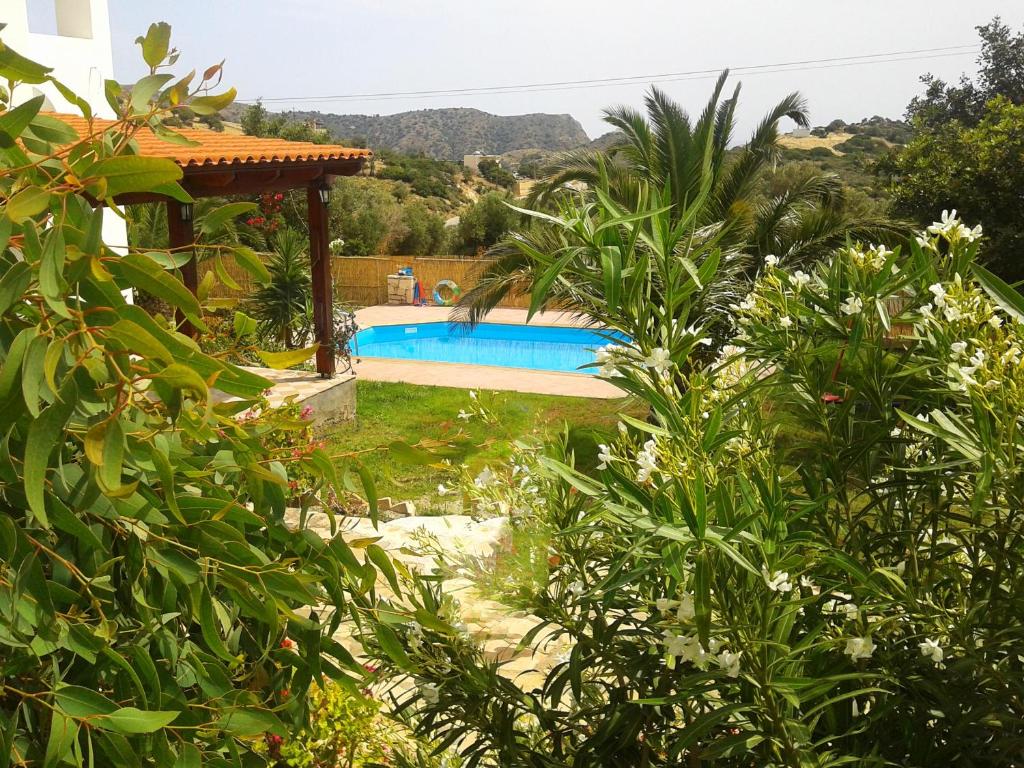 特利歐佩特拉的住宿－Villa Alexander 1，从房子的花园中欣赏到游泳池的景色