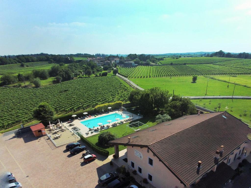 an aerial view of a house with a swimming pool and a vineyard at Agriturismo Ca' Del Gal in Valeggio sul Mincio