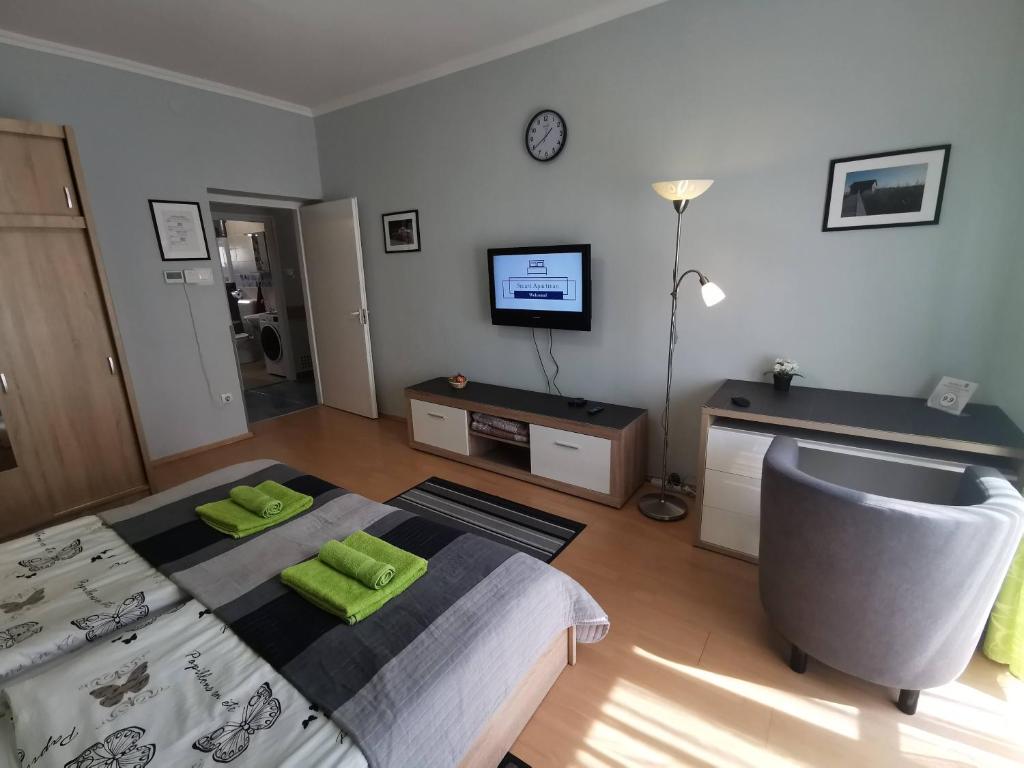 een slaapkamer met een bed, een televisie en een stoel bij Smart Szállás apartman in Miskolc in Miskolc