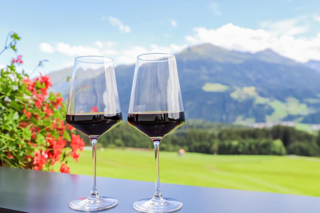 two glasses of red wine sitting on a table at Klausenstein Gutshof Hollersbach in Hollersbach im Pinzgau