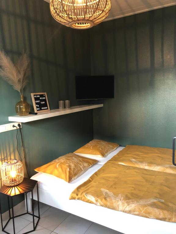 two beds in a room with a tv and a lamp at Nieboer in Vrouwenpolder