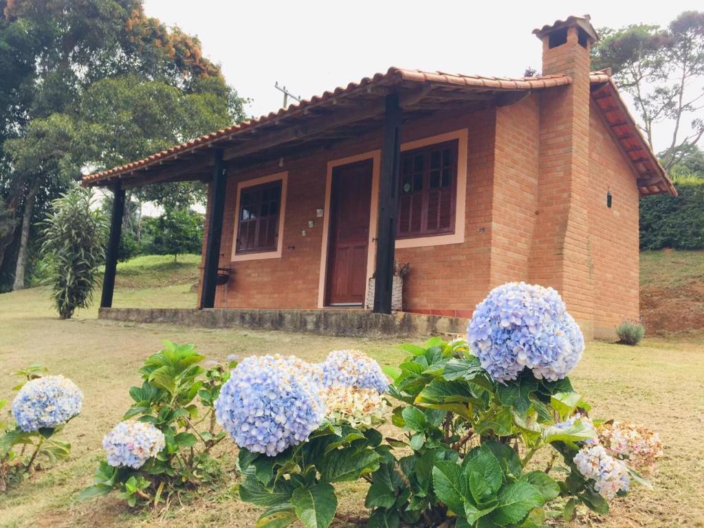 ein kleines Haus mit blauen Blumen davor in der Unterkunft Ibitiaçu Chales in Conceição da Ibitipoca