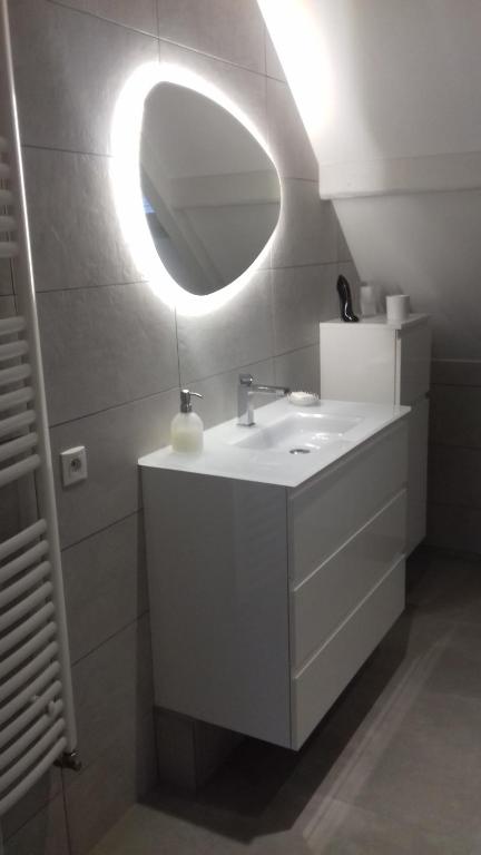 y baño con lavabo blanco y espejo. en Colline, en Serres-Castet