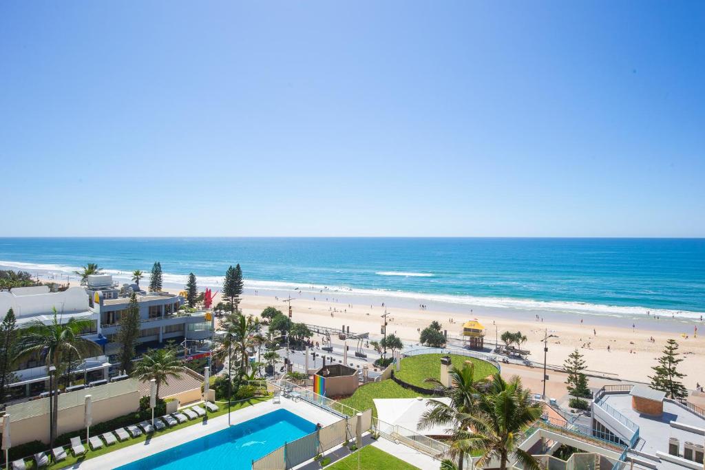 a view of a beach and the ocean at Paradise Centre Apartments in Gold Coast