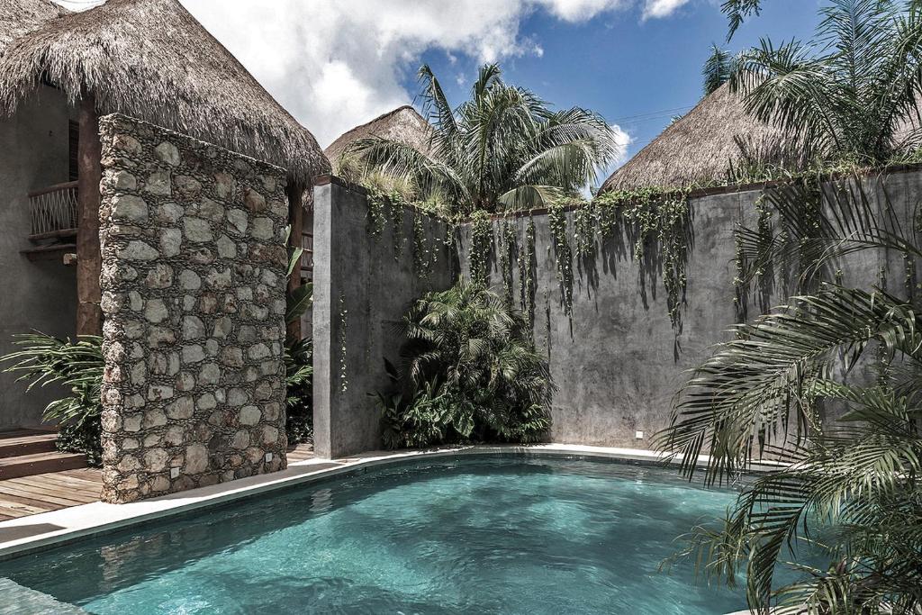 a swimming pool in front of a building with palm trees at Hotel Casa Hormiga in Bacalar