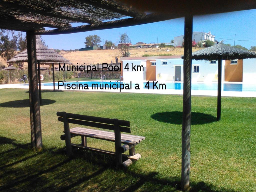 un banc de parc assis dans l'herbe à côté d'une piscine dans l'établissement Casa de los Olivos, chimenea con horno 2 Hab 4 Pers mas 1 Max, à Puerto de la Laja