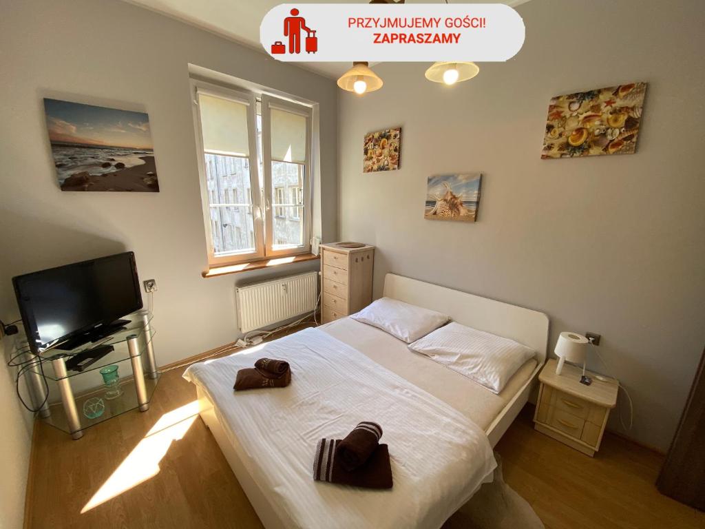 a bedroom with a bed and a flat screen tv at Gdańskie Apartamenty - Garbary Rooms & Apartments in Gdańsk