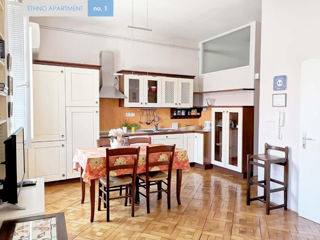 Kuchyň nebo kuchyňský kout v ubytování Ethno Apartments
