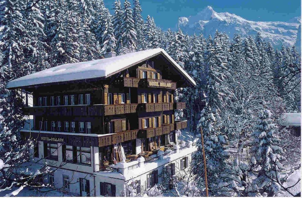 a building covered in snow with snow covered trees at Hotel Bellary in Grindelwald
