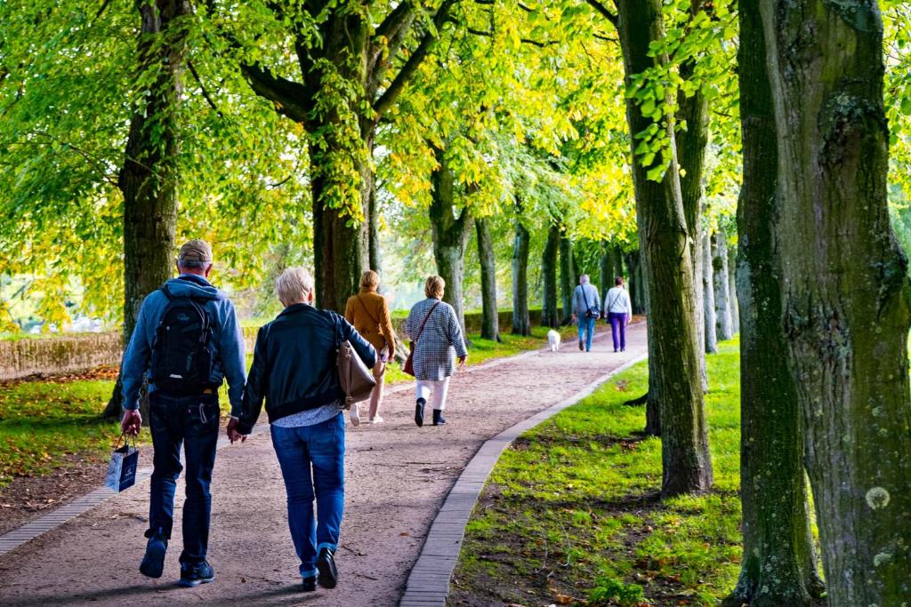 een groep mensen die over een pad lopen in een park bij Hotel New Regina in Ieper