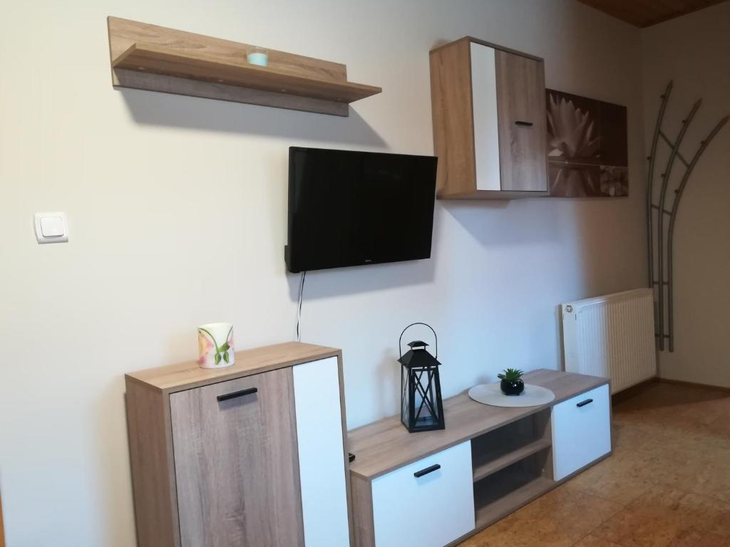a room with a tv on a wall with a table at Apartman Mercédesz I. in Zalakaros