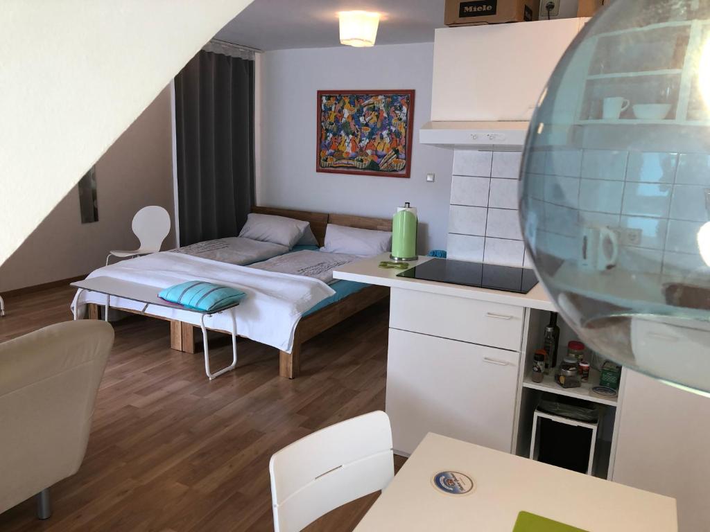 a kitchen and living room with a couch and a table at Studio Ochsenfurt mit sonnigem Balkon in Ochsenfurt