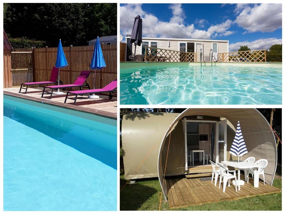 un collage de tres fotos de una piscina y una casa en Camping Le Cardinal, en Richelieu