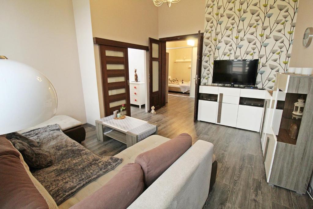 sala de estar con sofá y TV en Apartament ToTu, en Toruń