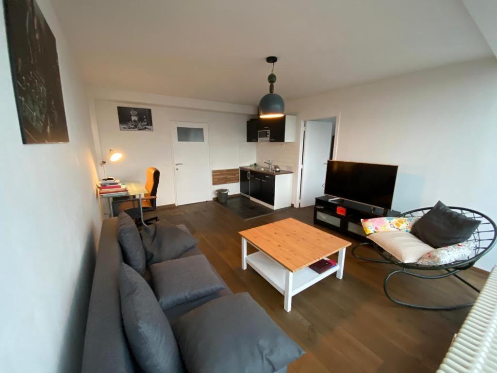 ein Wohnzimmer mit einem Sofa und einem Tisch in der Unterkunft Brussels By Night panoramic studio apartment for 2 in Brüssel