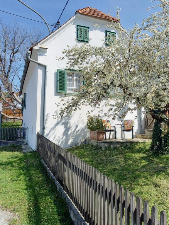 a white house with green windows and a fence at Ferienhaus im Thermenland (Loipersdorf, Blumau) in Ilz