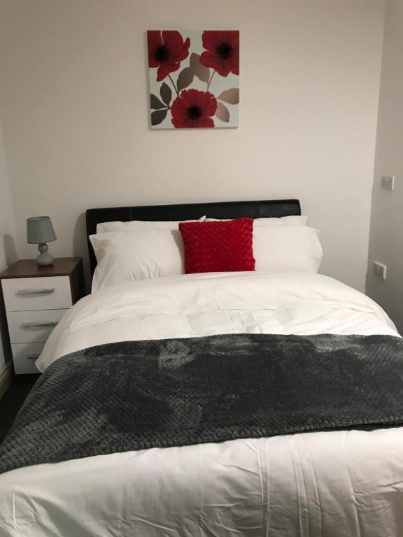 普里茅斯的住宿－2 bedroom apartment，卧室配有白色的床和红色枕头
