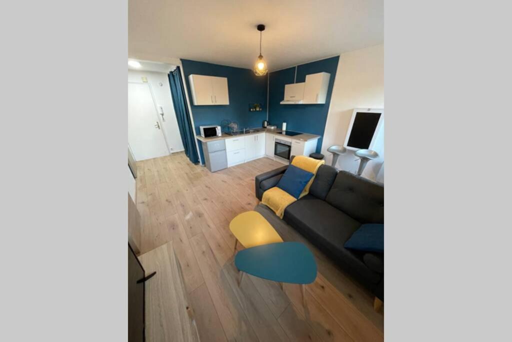 ein Wohnzimmer mit einem Sofa und einem Tisch in der Unterkunft Petit appartement cosy à Troyes in Troyes