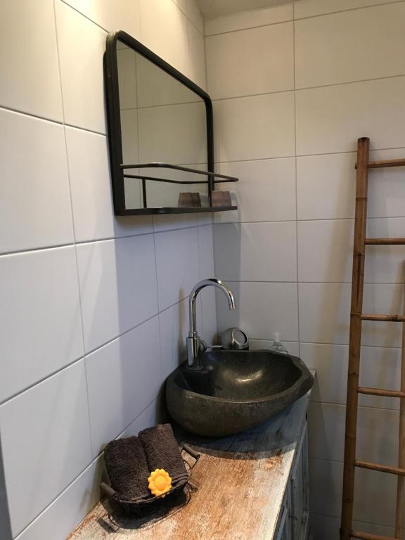 a bathroom with a sink and a mirror at Chalet peter in Limmen