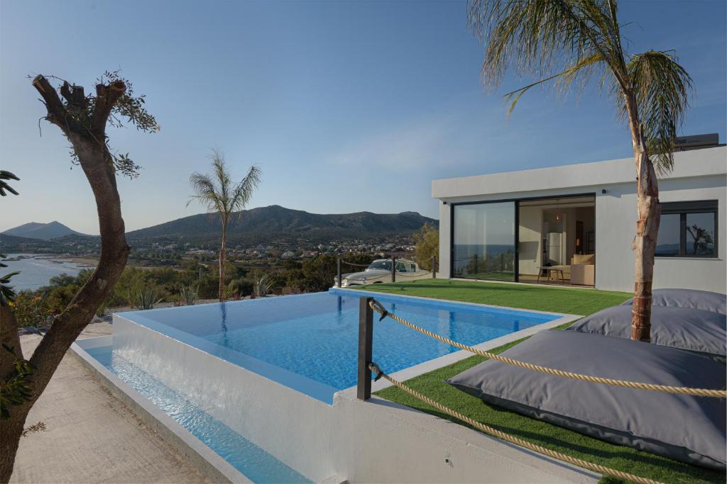 a villa with a swimming pool and palm trees at Sounio Black Villa in Sounio
