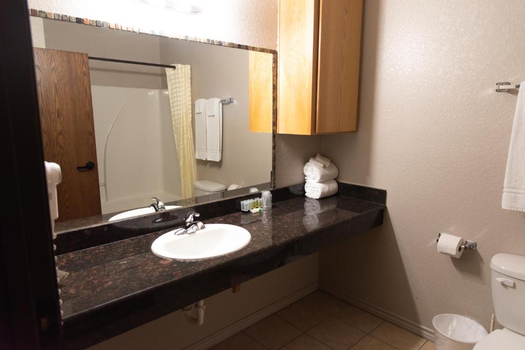 a bathroom with a sink and a mirror and a toilet at Premium Inn and Suites in Killeen