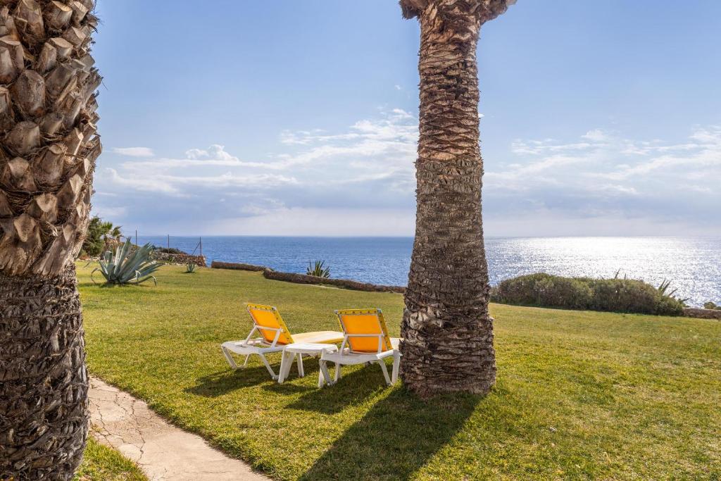twee stoelen en een palmboom naast de oceaan bij Cala Serena Beach 5 in Felanitx