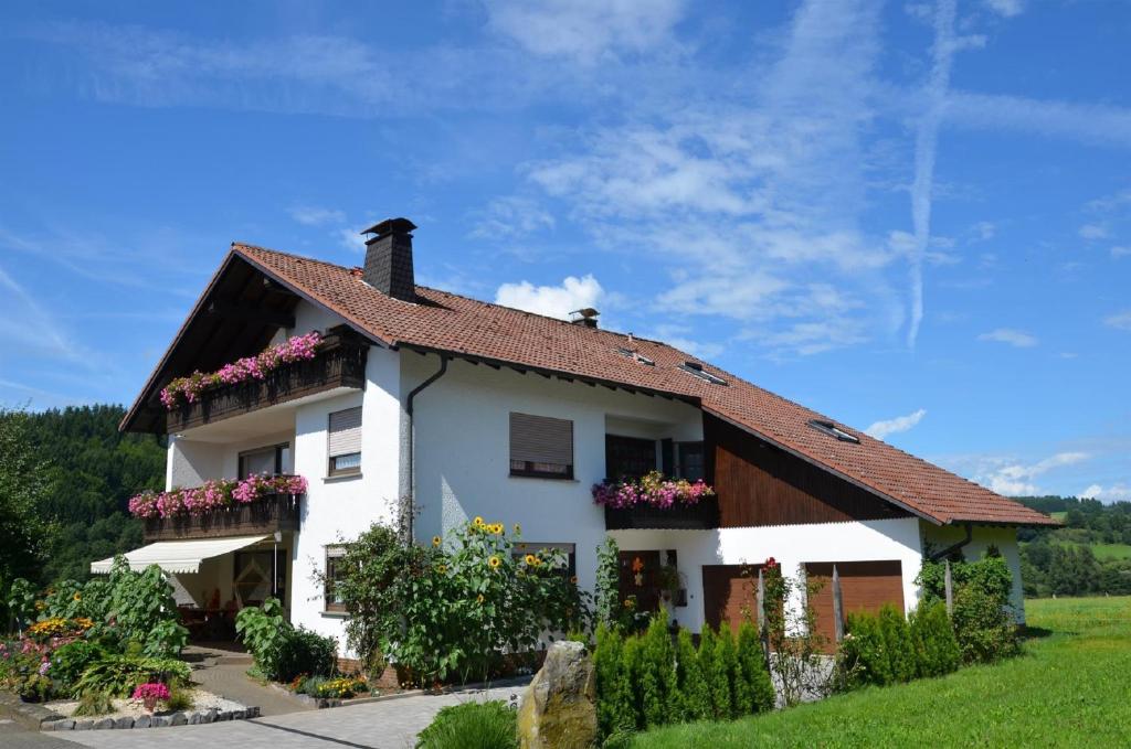 une maison blanche avec des fleurs sur les fenêtres dans l'établissement Ferienhof Spiegel, à Hilders