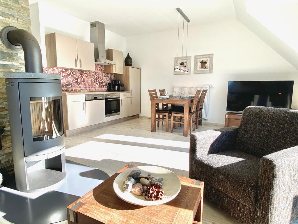 a living room with a couch and a fireplace at mönchgut living & spa in Gager