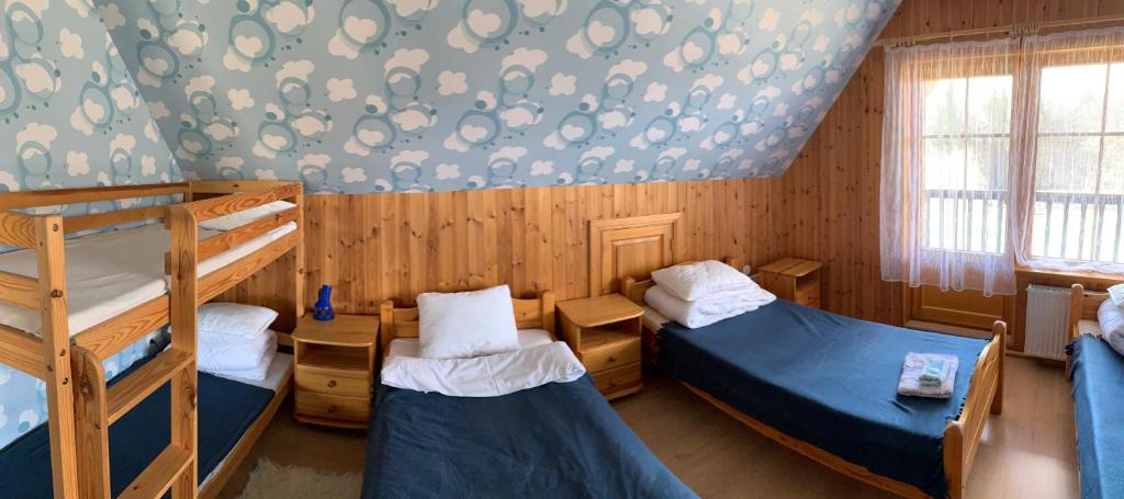 a bedroom with two bunk beds and a ladder at Brivdienu maja Ūtkas in Bauņi