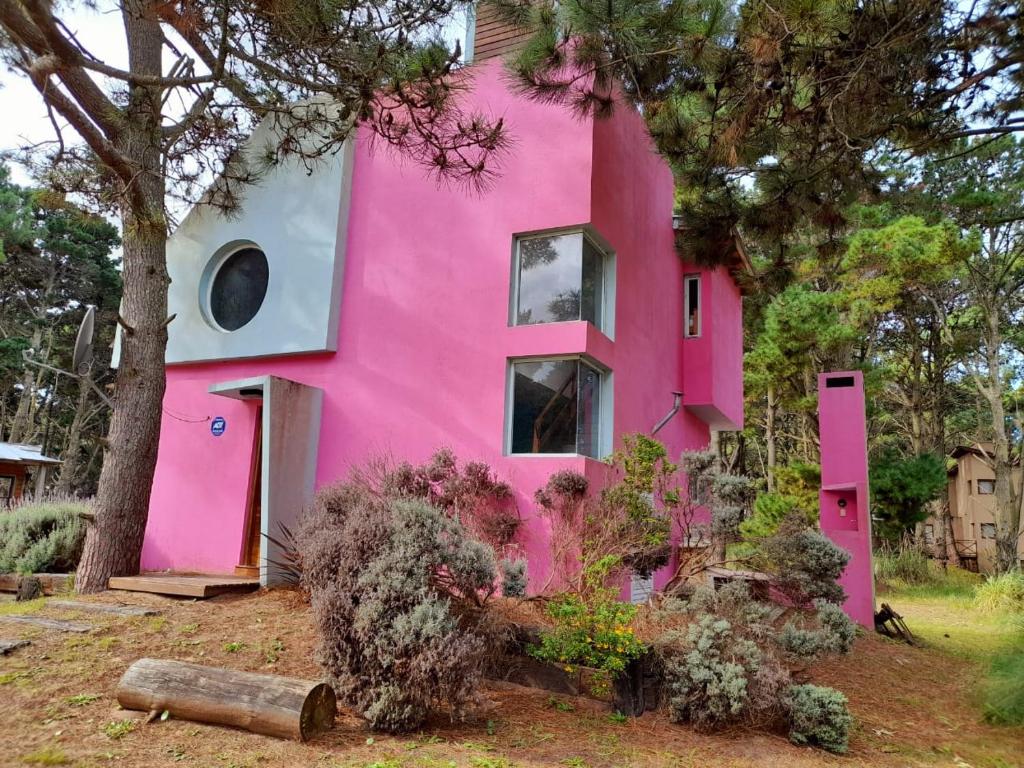 una casa rosa con un árbol delante en Cabaña Descansos del Este en Costa del Este