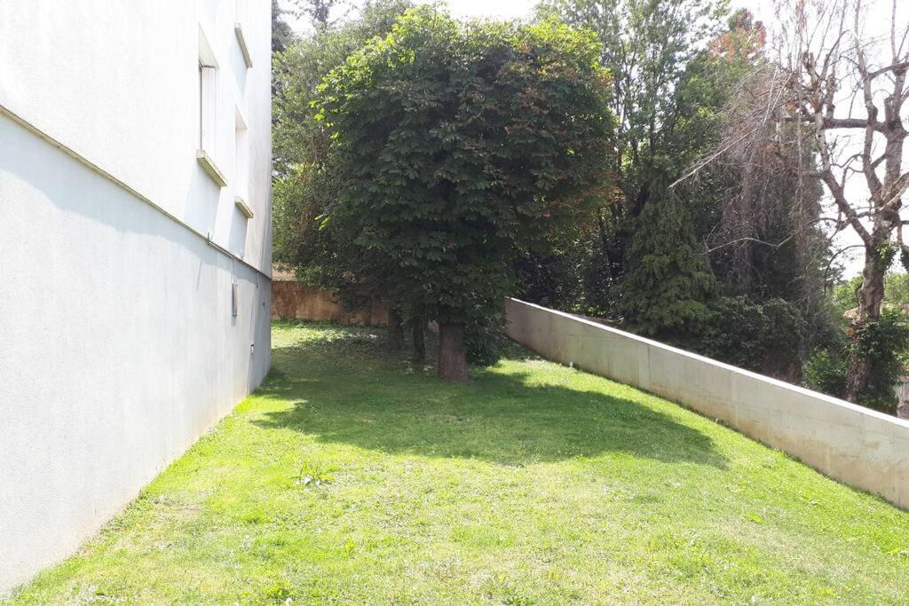 a white wall and a tree in a yard at Saint-Etienne Appart&#39;hôtel de Bellevue in Saint-Étienne
