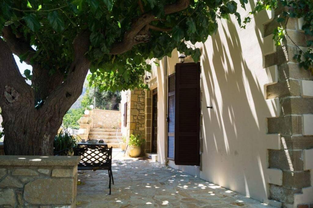 un banco sentado bajo un árbol al lado de un edificio en Georgia's Village House en Kaláthenai