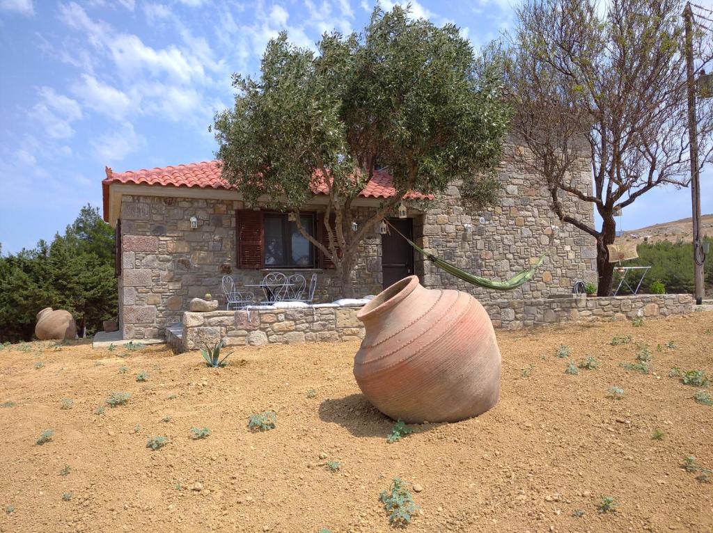 un grand vase assis devant une maison dans l'établissement Paliokaliva Home, à Roussopoúlion
