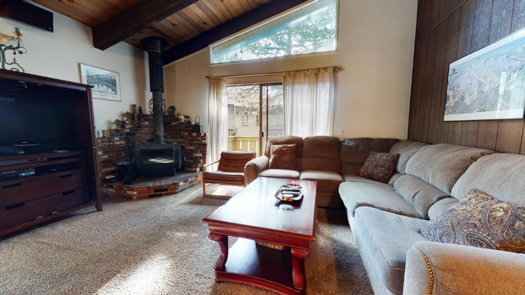 马姆莫斯湖Chateau De Montagne #17 Condo的客厅里有一张沙发和一台电视