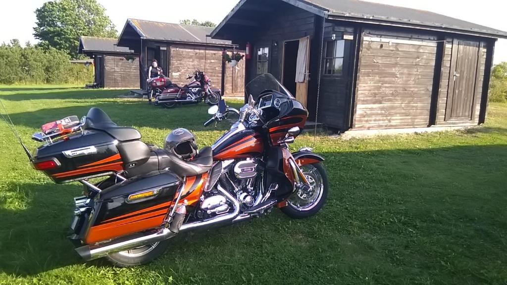 an orange and black motorcycle parked in the grass at Haapsu Holiday Home in Haapsu