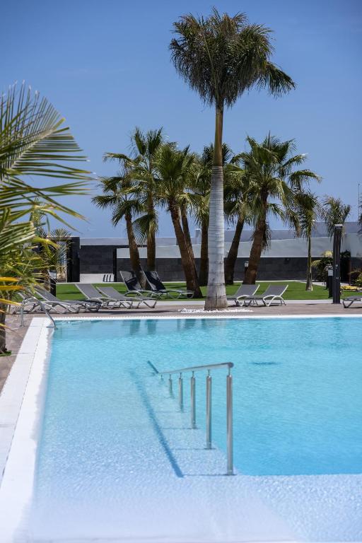 a large swimming pool with palm trees and chairs at Island Home Fuerteventura in Corralejo