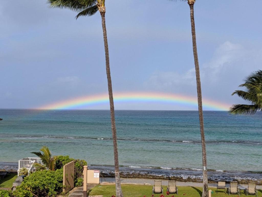 a rainbow over the ocean with palm trees at Stunning Sunsets and Oceanview's at Paki Maui in Lahaina