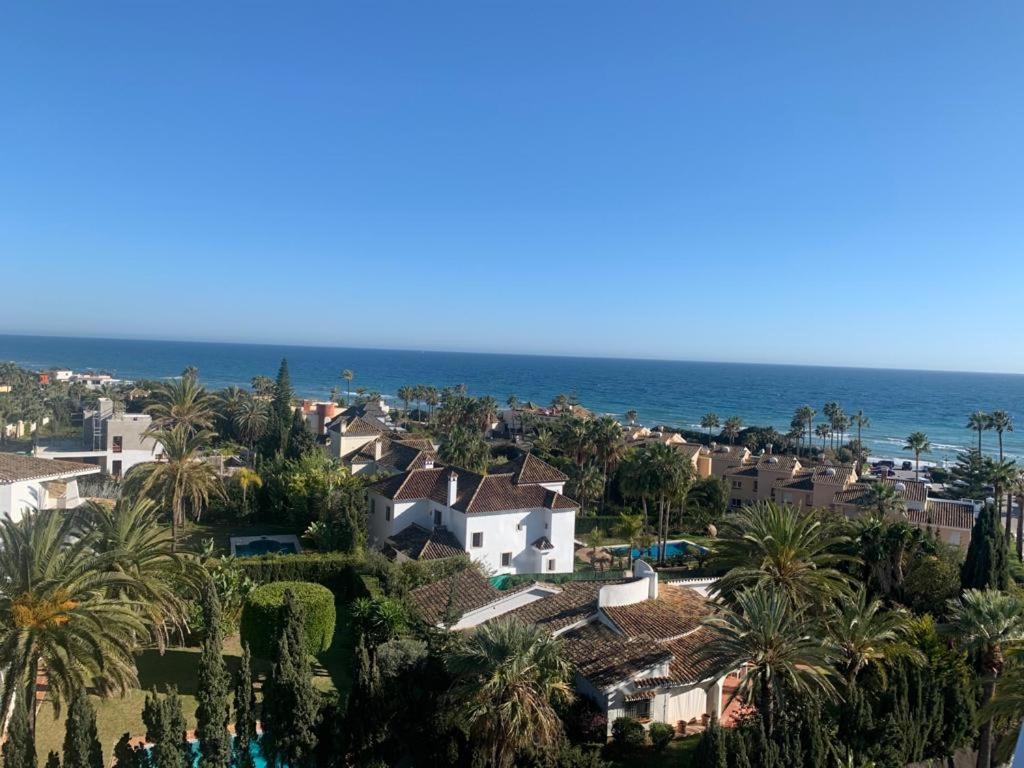 z góry widok na miasto z palmami i ocean w obiekcie Vue mer exceptionnelle, El Rosario (Marbella). w Marbelli