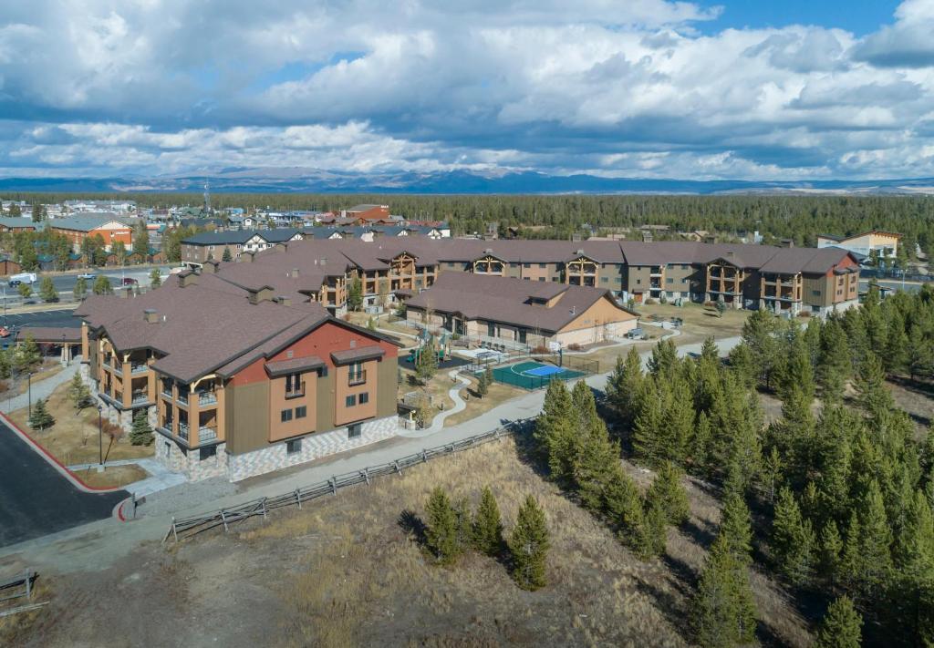 an aerial view of a apartment complex with a skate park at WorldMark West Yellowstone in West Yellowstone