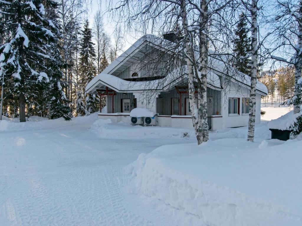 a house is covered in snow in a yard at Holiday Home Hallantytär a2 paritalo by Interhome in Hyrynsalmi