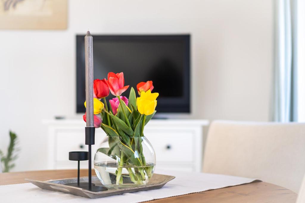 Casa Conte في توبينغن: مزهرية من الزهور على طاولة مع تلفزيون