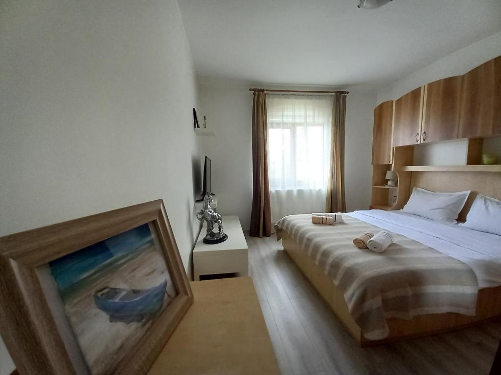 a bedroom with a bed and a painting on the floor at Casa Crinei in Jurilovca