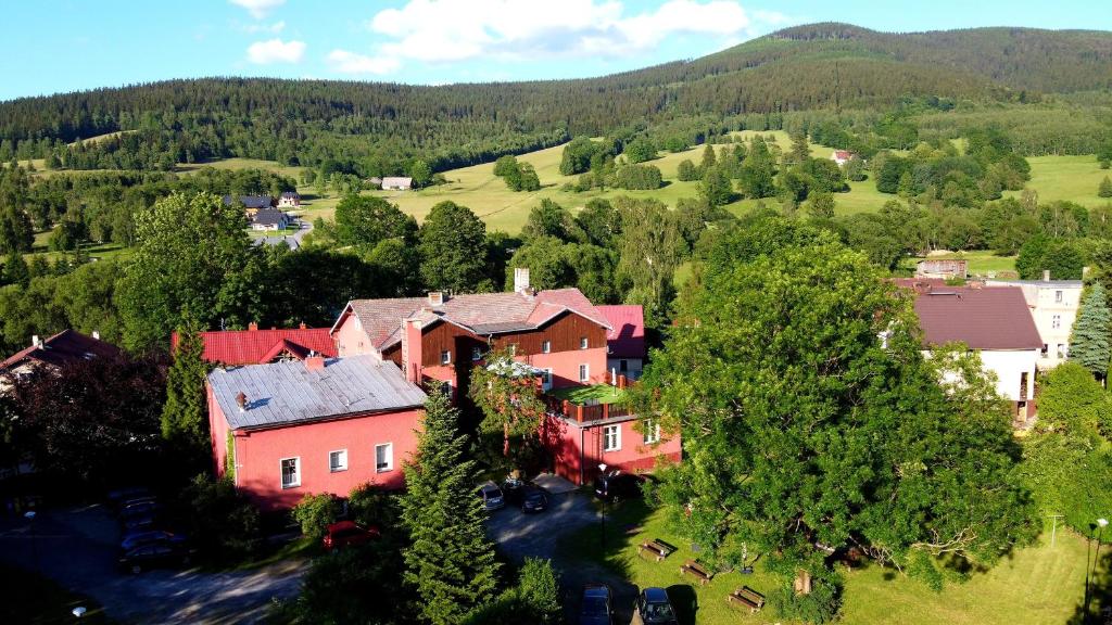 an aerial view of a house in the mountains at Bolko in Stronie Śląskie