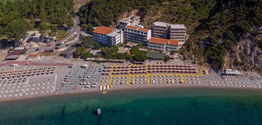 an aerial view of a resort on the beach at Poseidon The Beach Hotel in Budva