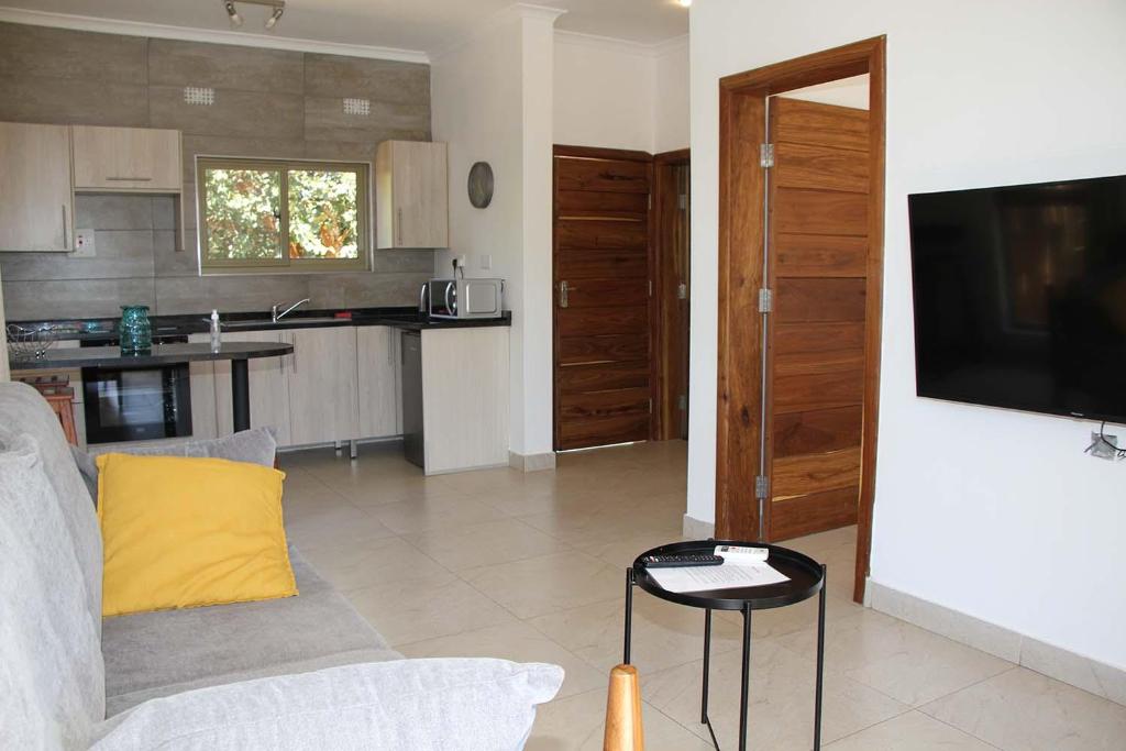 ein Wohnzimmer mit einem Sofa und einem TV an der Wand in der Unterkunft !! The ranch - Superb serviced apartment with garden in Lusaka