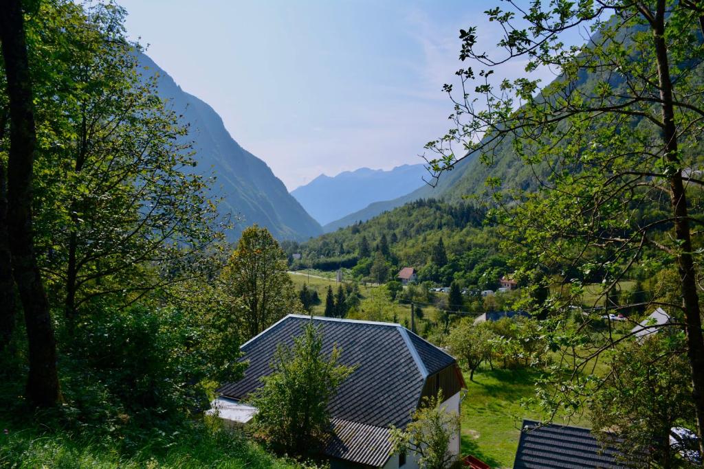 a view of a valley with mountains in the background at Apartment DOMI in Soča